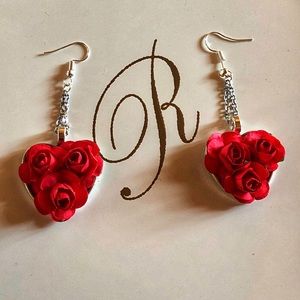 3/$30 Red Flowered Silver Earrings Heart Shaped